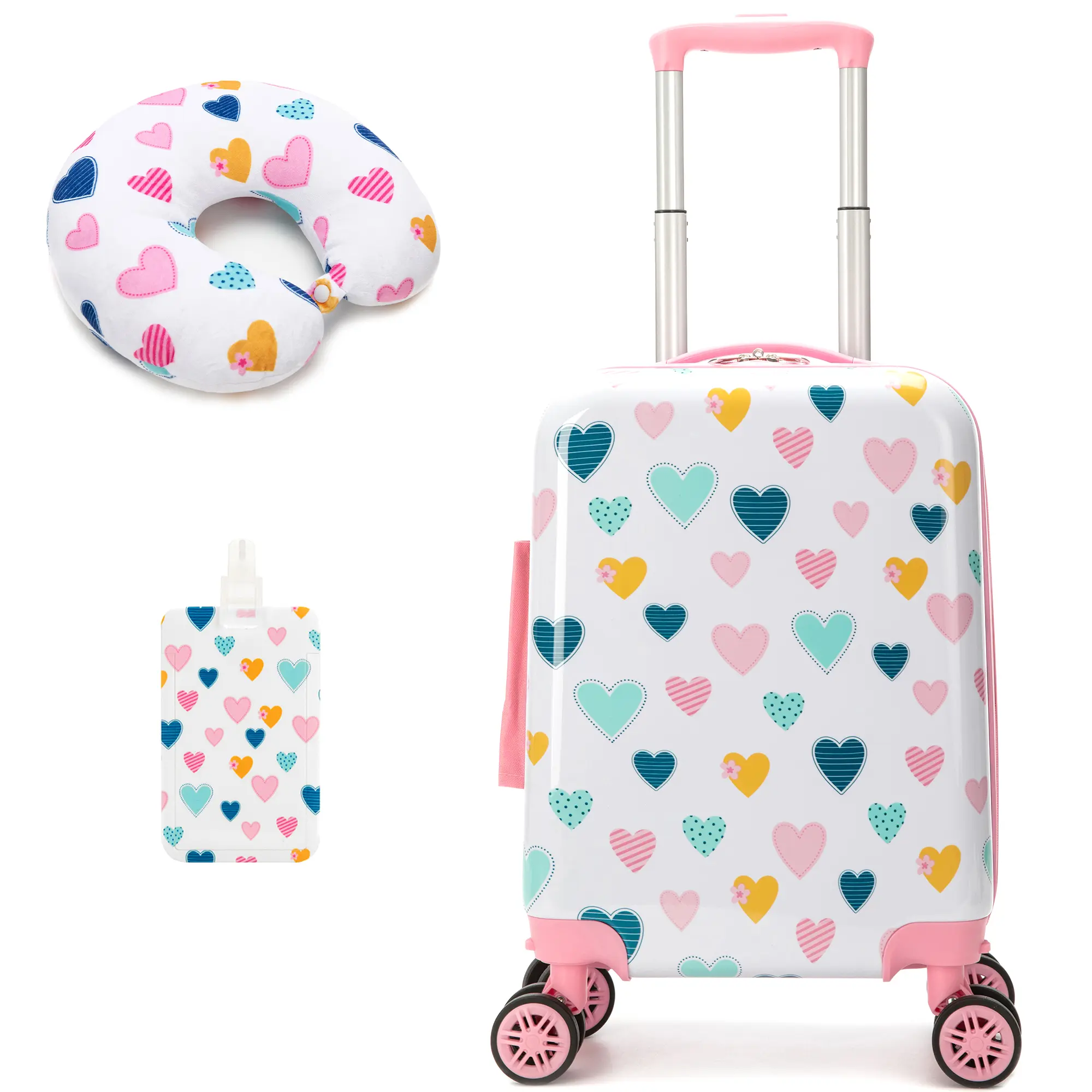 Girls' 3-in-1 ABS Plastic Kid-Ready Luggage Travel Set, Cute Heart Print, 4 360° Rotation Wheels, Memory Foam Neck Pillow, ID Tag - Airport Travel Convenience, Holiday Gift