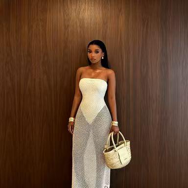 Women's Summer Crochet Mesh Strapless Cover-Up Dress, Womenswear Fake 2-Piece Fringe Beach Maxi Dress for Vacation