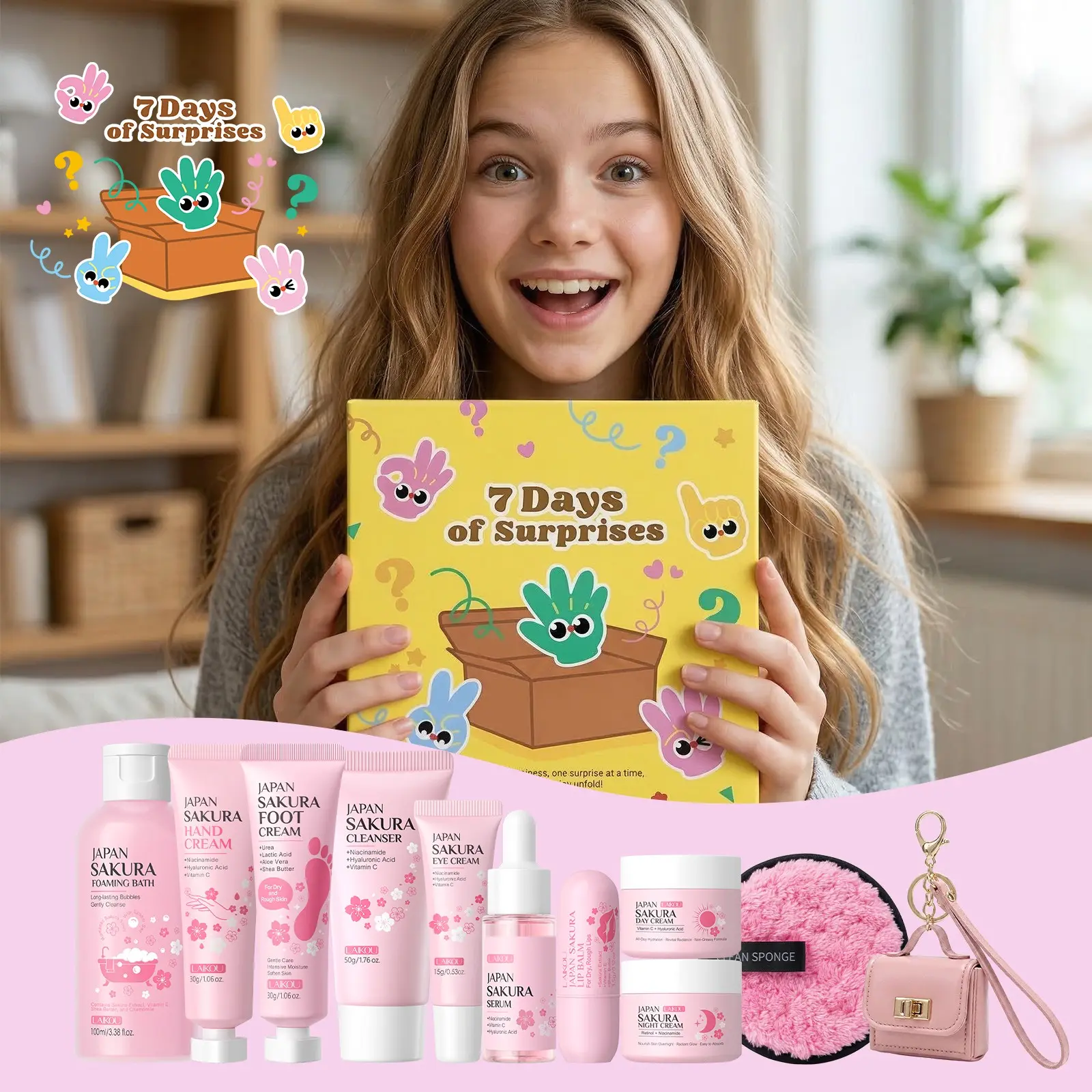 LAIKOU 7-Day Holiday Countdown Mystery Box– Limited Edition Festive Beauty Advent Calendar for Skincare Lovers, Japan Sakura Skin Care Set Complete Kit for Beginners, Holiday Gifts for Teenagers, Women Or Girl