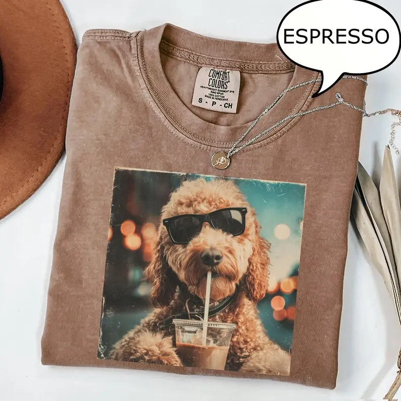 Comfort Colors Cute Goldendoodle Drinking Iced Coffee T-Shirt, Dog Lover Gift, Coffee Dog T Shirt, Pet Owner Gift Graphic Tee Womenswear Cotton