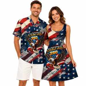 Womenswear Couple Matching Outfits for USA 250th Anniversary - Women's A-Line Sleeveless Flowy Sun Dress and Men's Casual Button-Down Shirt