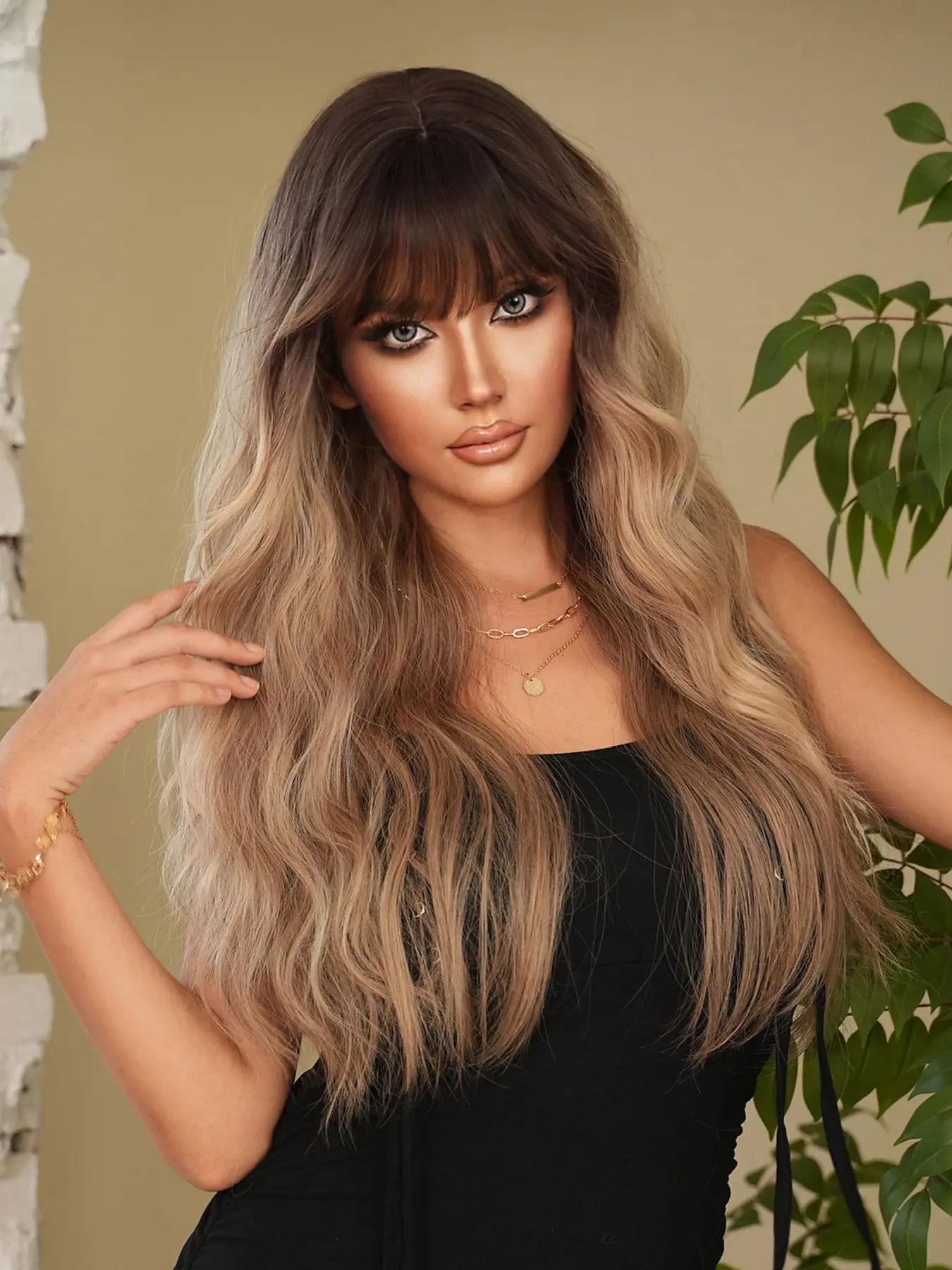 26 Inch Long Wavy Brown Ombre Wigs for Women, Gorgeous Fluffy Wigs with Bangs, Synthetic Full Machine Synthetic Hair Wigs for Daily Party Use, Perfect for Holidays Music Festivals, Fluffy Wave Wig - Graduation & Mother's Gift