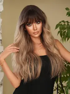 26 Inch Long Wavy Brown Ombre Wigs for Women, Gorgeous Fluffy Wigs with Bangs, Synthetic Full Machine Synthetic Hair Wigs for Daily Party Use, Perfect for Holidays Music Festivals - Graduation & Mother's Gift