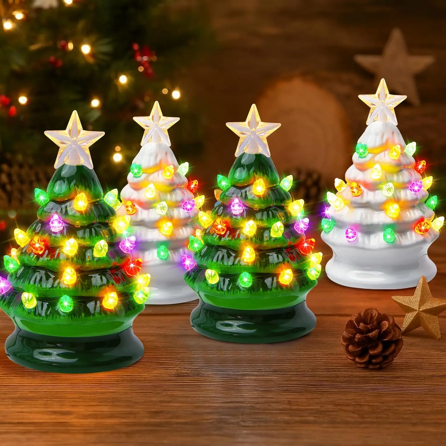 Brightown 5 Inch Mini Ceramic Christmas Tree Set - 4 Pack Pre-Lit with Multicolored LED Lights, Battery Operated, White & Green, Home Office Table Decor