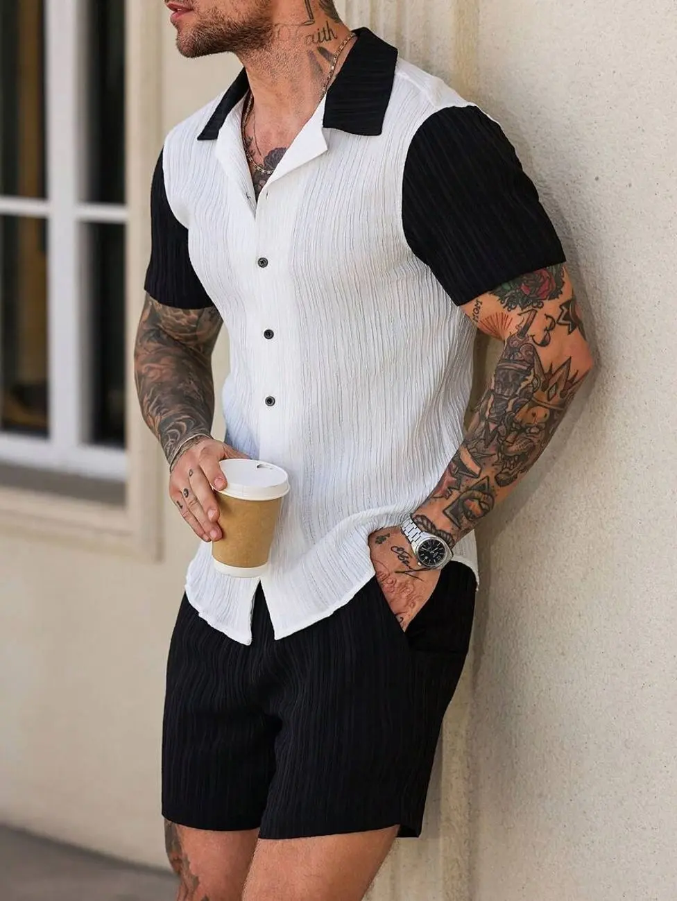 Men's 2 piece sets - Men's 2-Piece Casual Patchwork Short-Sleeve Shirt and Shorts Set, Contrast-Color Summer Outfit men shorts summer clothing trending clothing trending clothes male clothing shorts for the summer summer men clothes Menswear Black Suits