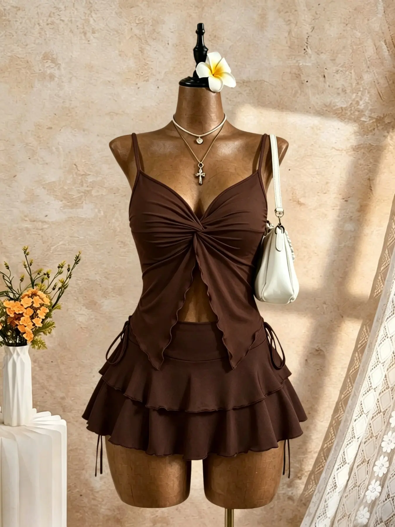 Women's Stylish Ruched Twist Front Cami Top & Layered Mini Skirt Set, Casual Summer Beachwear, Chic and Comfortable Outfit Clothes