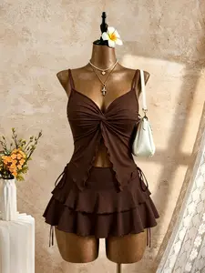 Women's Ruched Knot Front Halter Top + Layered Lace Mini Skirt Set, Summer Casual Beach, Stylish, Chic and Comfortable