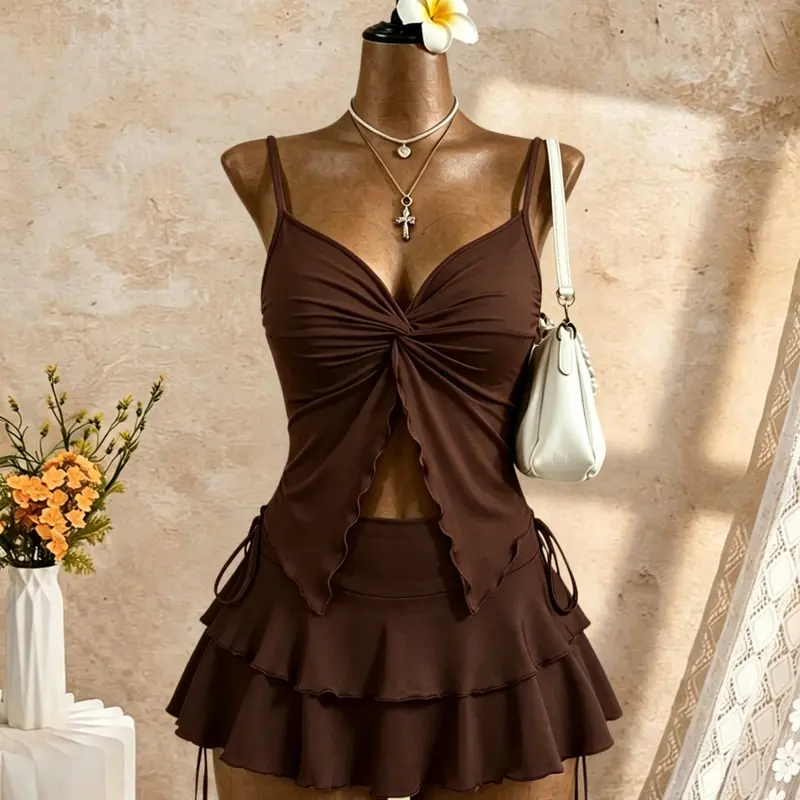 Women's Stylish Fashion Ruched Twist Front Cami Top & Layered Mini Skirt Set, Casual Summer Beachwear, Chic and Comfortable Outfit Clothes