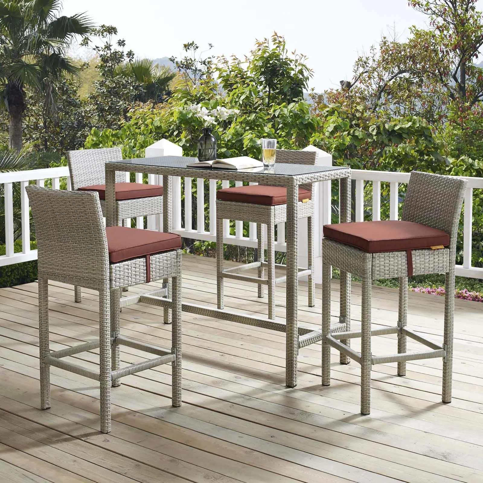 Modway Conduit Bar Stool Outdoor Patio Wicker Rattan Set of 4 in Light Gray Currant