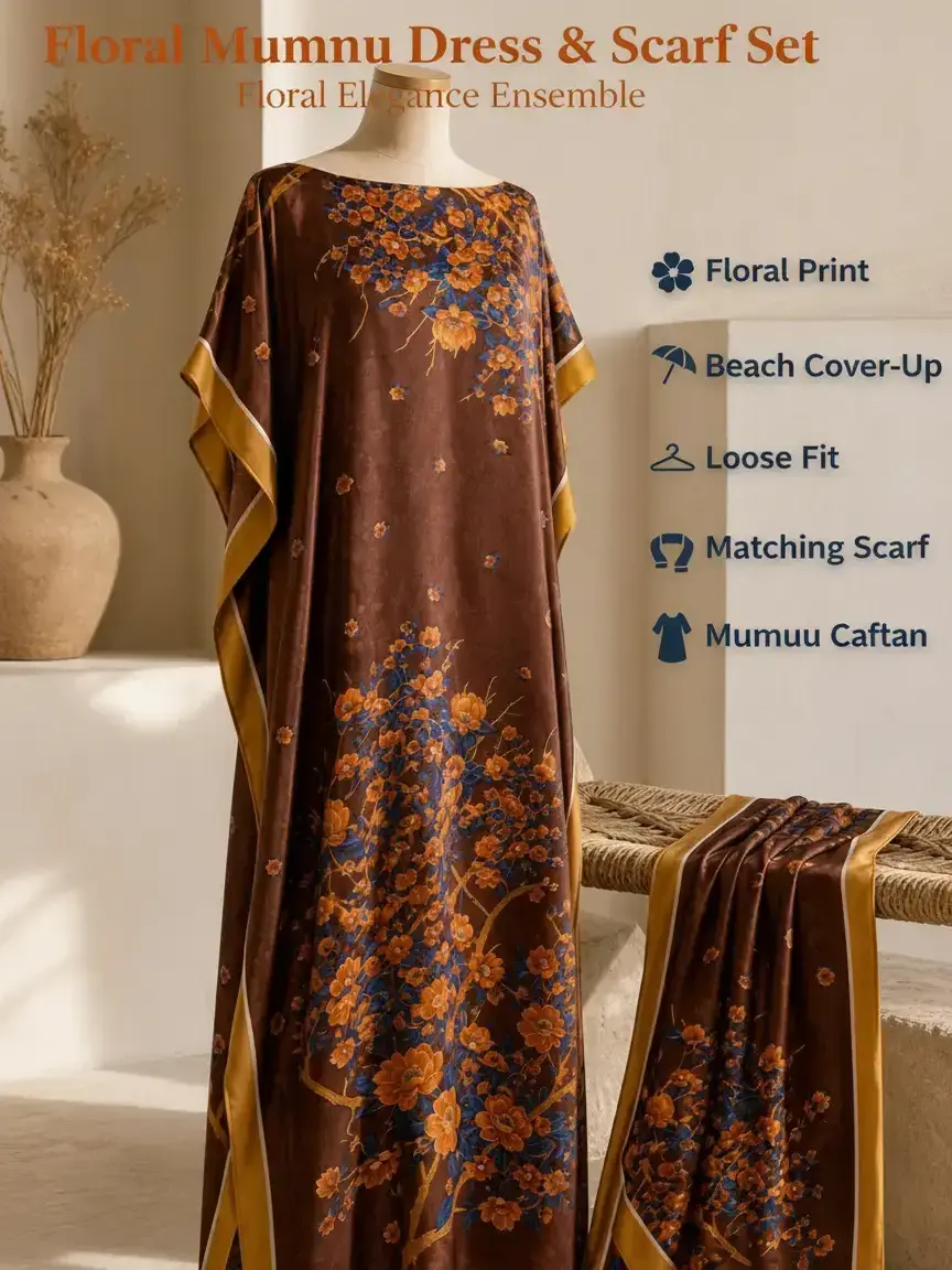 MuuMuu Muse Women's Colorful Soft Drape Casual Brown-Blue-Orange Floral Print 2-Piece Set: Loose Caftan Robe Dress & Matching Scarf, Beach Cover Up, Fit, Comfortable, Flower, Printed, Statement, Casual Wear, Moomoo, Long Robe, Outfits, Women's Clothes
