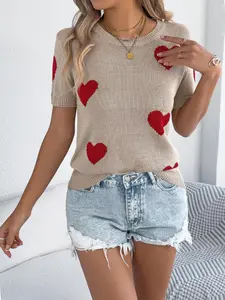 Women's Heart Print Round Neck Knitting Sweater, Casual Fitted Crew Neck Jumper for Summer, Fashion Feminine Women's Knitwear for Daily Wear Tops