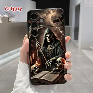 Grim Reaper Pattern Straight Edge Phone Case Compatible with Samsung S24 ultra plus S25 S23 S22 Ultra Plus Shockproof Non Slip Military-Grade Protection Silicone Cover
