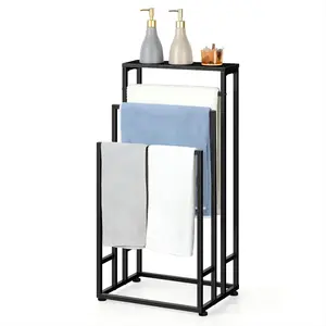 3 Tier Bathroom Vertical Towel Rack, Metal Blanket Rack, Quick Drying Design, Farmhouse Style, with Storage Shelves, Bathroom, Bedroom, Living Room, Laundry Room, Tub Side, Black+Flame Color,Shipment within 1-2 days