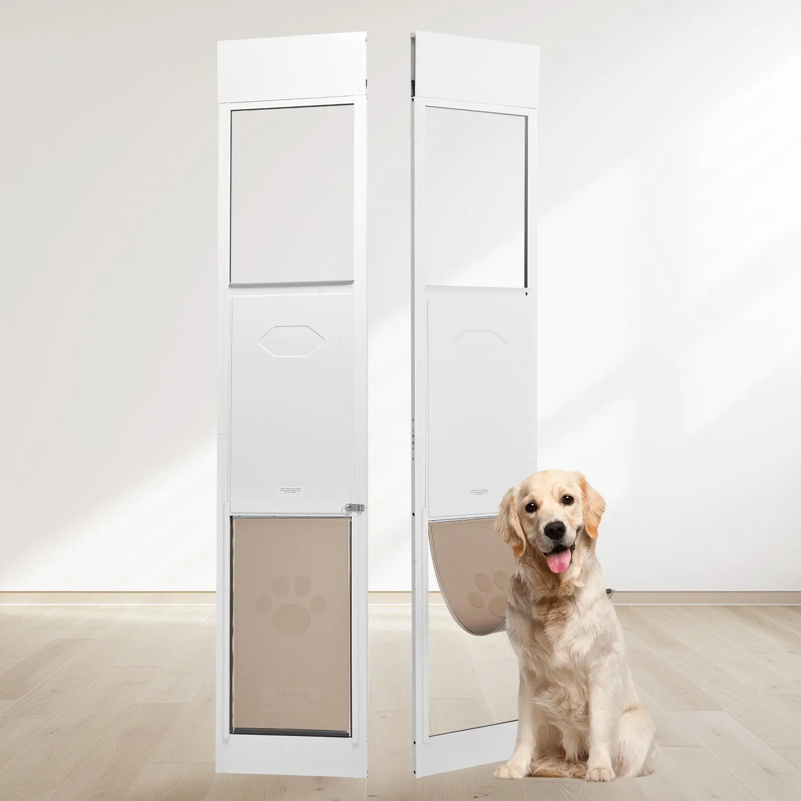 VEVOR Aluminum Height-Adjust Sliding Door with Sliding Door Lock, Tempered Glass, Hinged Flap, 75.875-80.6875 in Range, 23.1 Lbs / 10.5 Kg, Durable & Secure Design, Secure Locking Mechanism, Easy Install for Size XL Dogs, Patio Tracks, Sliding Doors, Buil