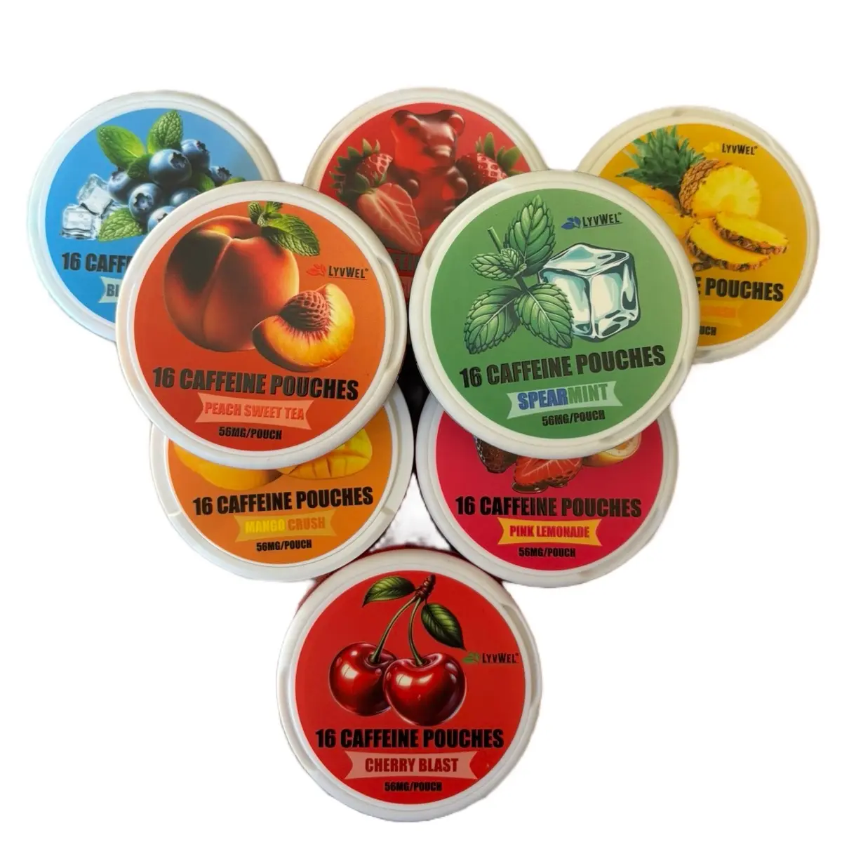 Caffeine pouches - 8 pack - Pink Lemonade, Blueberry, Peach Sweet Tea, Spearmint, Mango Crush, Strawberry , Cherry Blast & Pineapple Crush Beverage Drinks energy drink boost immunity natural flavored c4 performance Nootropic Sugar-Free Energy Drink