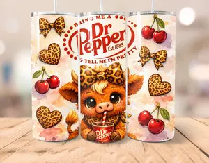 [4 samples] Highland Cow Soda Can Tumbler, Dr. Pepperrr Highland Cow Leopard Tumbler 20oz