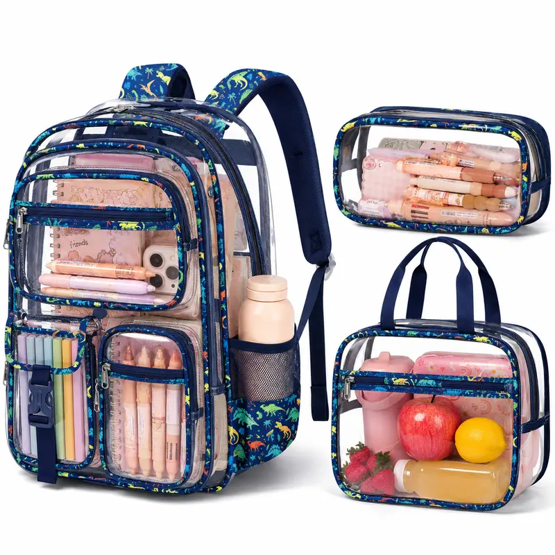 Fimibuke 3PCS High-Capacity Waterproof PVC Plastic Backpack Set - Lightweight, Zipper-Closure, Anti-Theft, with Lunch Box & Pencil Pouch, Stadium Approved, Unisex for Elementary & Middle/High School Students