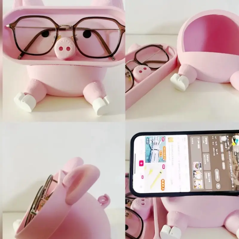 Piggy Glasses and Phone Holder with Storage Pink Stand for Desk Organization
