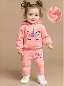 Spring Autumn Baby Girl Cartoon Print Fleece Hoodie and Pants Set, Cute Two-Piece Outfit, Toddler Girls' Casual Wear, Baby Girl Clothes