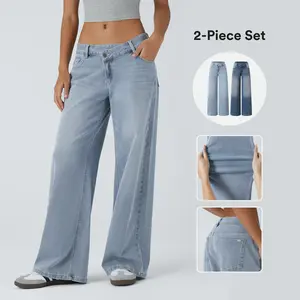Halara 2-Piece Flex Asymmetric Low Rise Zipper Pockets Baggy Wide Leg Washed Casual Jeans