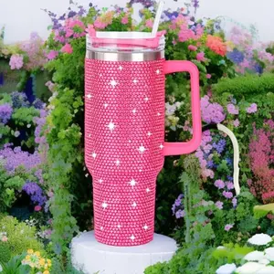 Rhinestone Decorated Stainless Steel Water Bottle Tumbler, 1 Count 40oz Vacuum Insulated Water Bottle with Straw & Handle, Drinking Cup for Home Office School