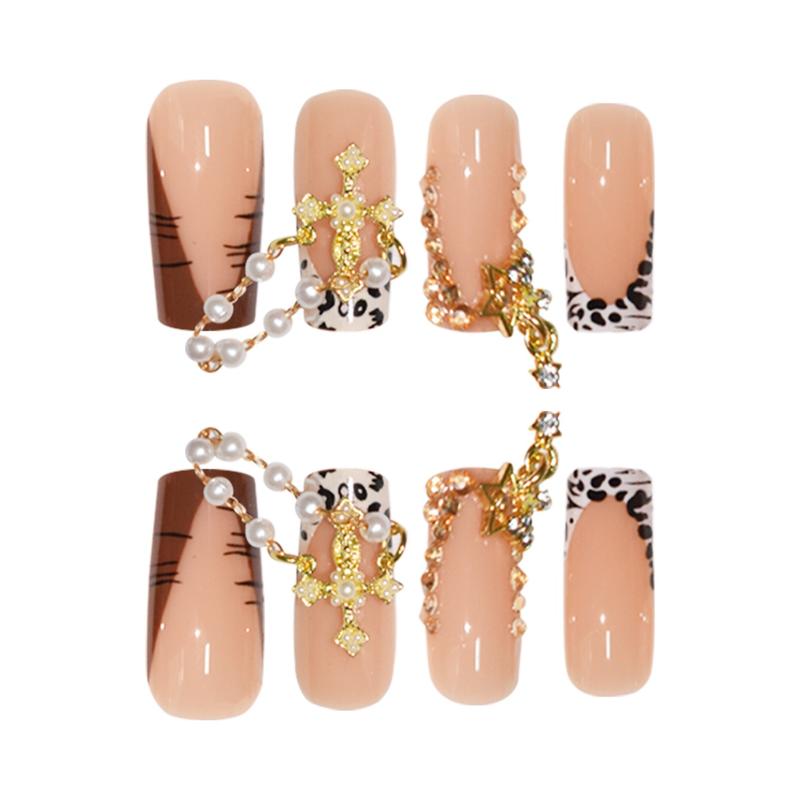 24 Piece Glossy and Leopard Print Press-On Nails with Cross Charm, Pearl Chain and Bling Rhinestone Decoration, Reusable Self-Adhesive Nail Kit for Party and Night Glamour