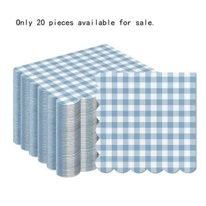 20Pcs Blue and White Scalloped Napkins, plaid paper party decorations, light blue checkered disposable dessert napkins, Decorative Paper Napkins. Suitable for men's parties, weddings, birthdays, baby showers, picnics and various party occasions.