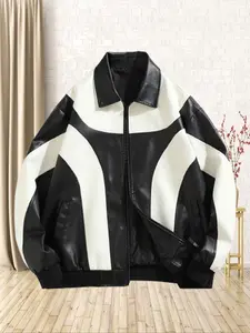 Men's PU Leather Jacket, Spring & Fall Street Style Fashion Motorcycle Coat, Loose-Fit Colorblock Design, Casual Outerwear for Men