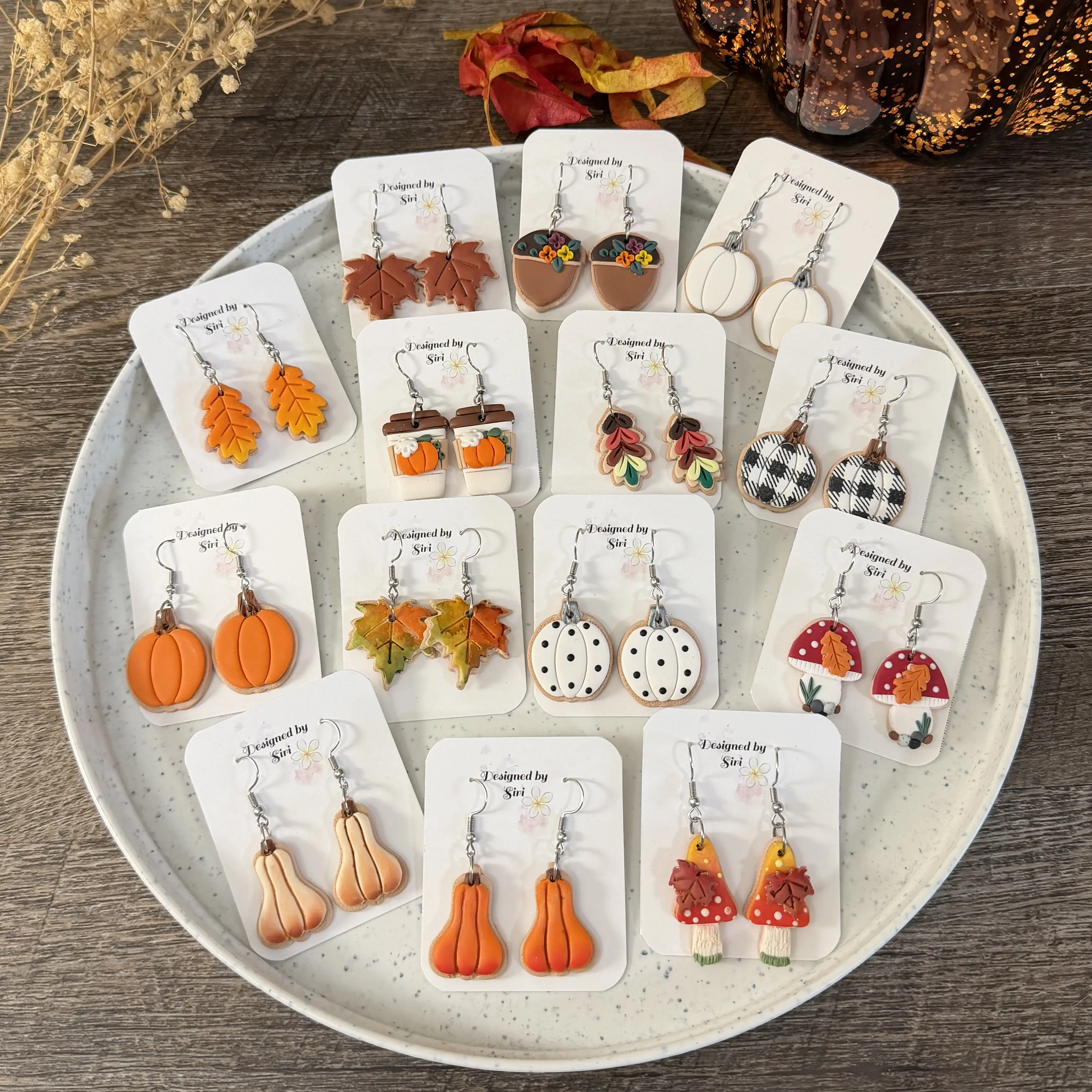 Fall Theme Sugar Cookie Earrings Handmade with Fish Hook Wire 1 inch, Pumpkin Pie Earrings, Coffee Mug Earrings, Acorn Earrings