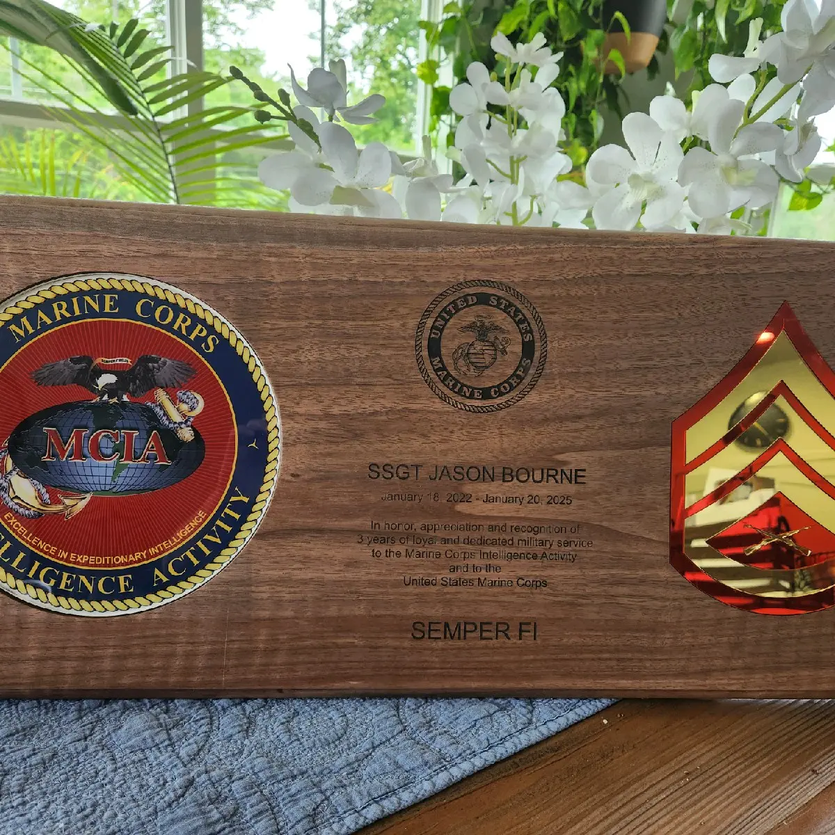 Marine Corps Custom Military Award Plaque with Command Logo and Rank