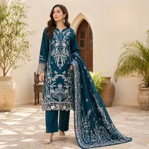ZAROORI Emerald Teal Cotton Embroidered Pakistani 3-Piece Suit – Silver Ivory Thread Work with Embroidered Dupatta | Article No: ZR-907