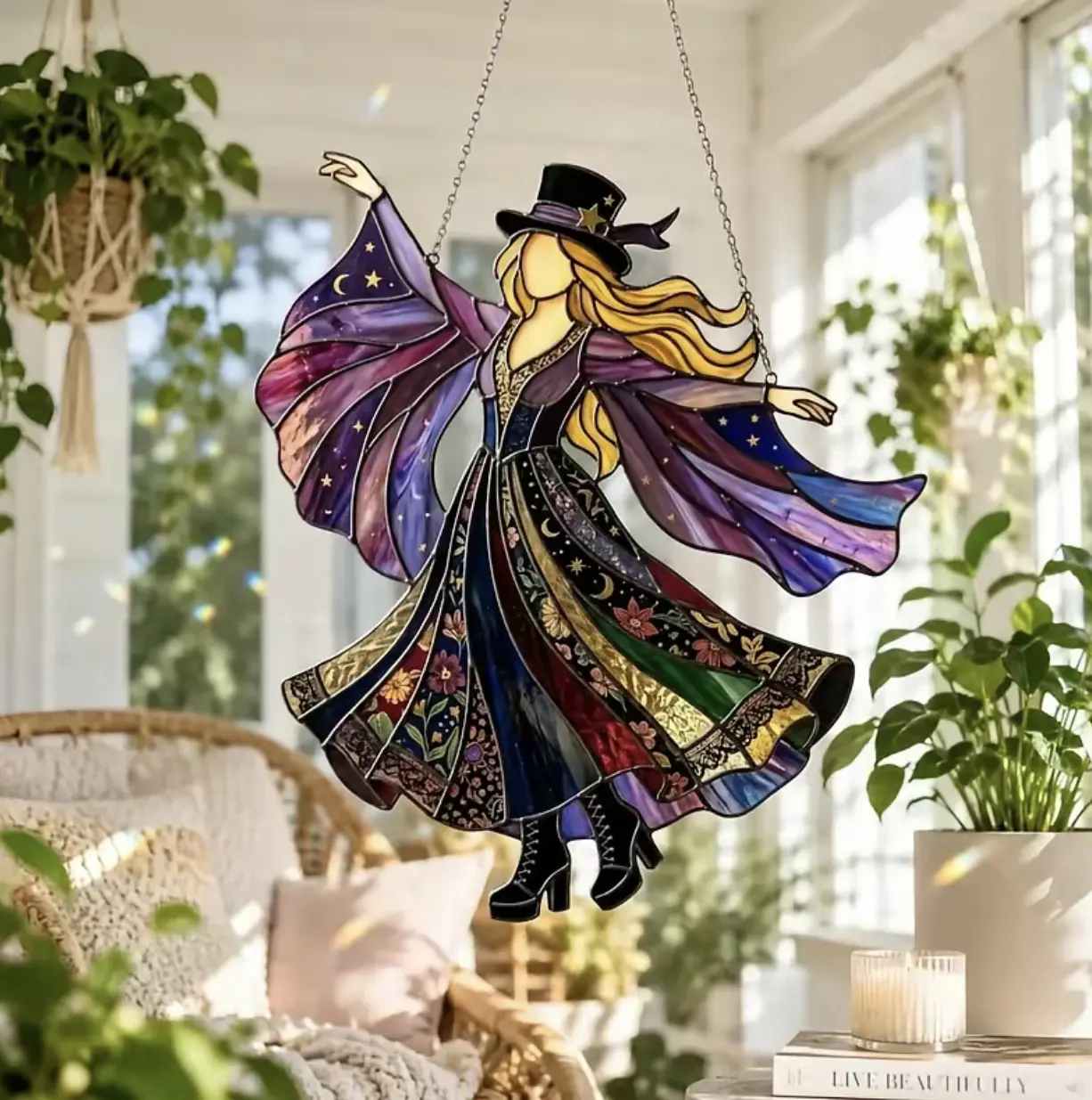 Mystical Witch Stevie Nicks Acrylic Suncatcher, Celestial Moon Stars Window Hanging, Boho Witch Decor, Fantasy Witch Ornament, Gift for Witch Lovers