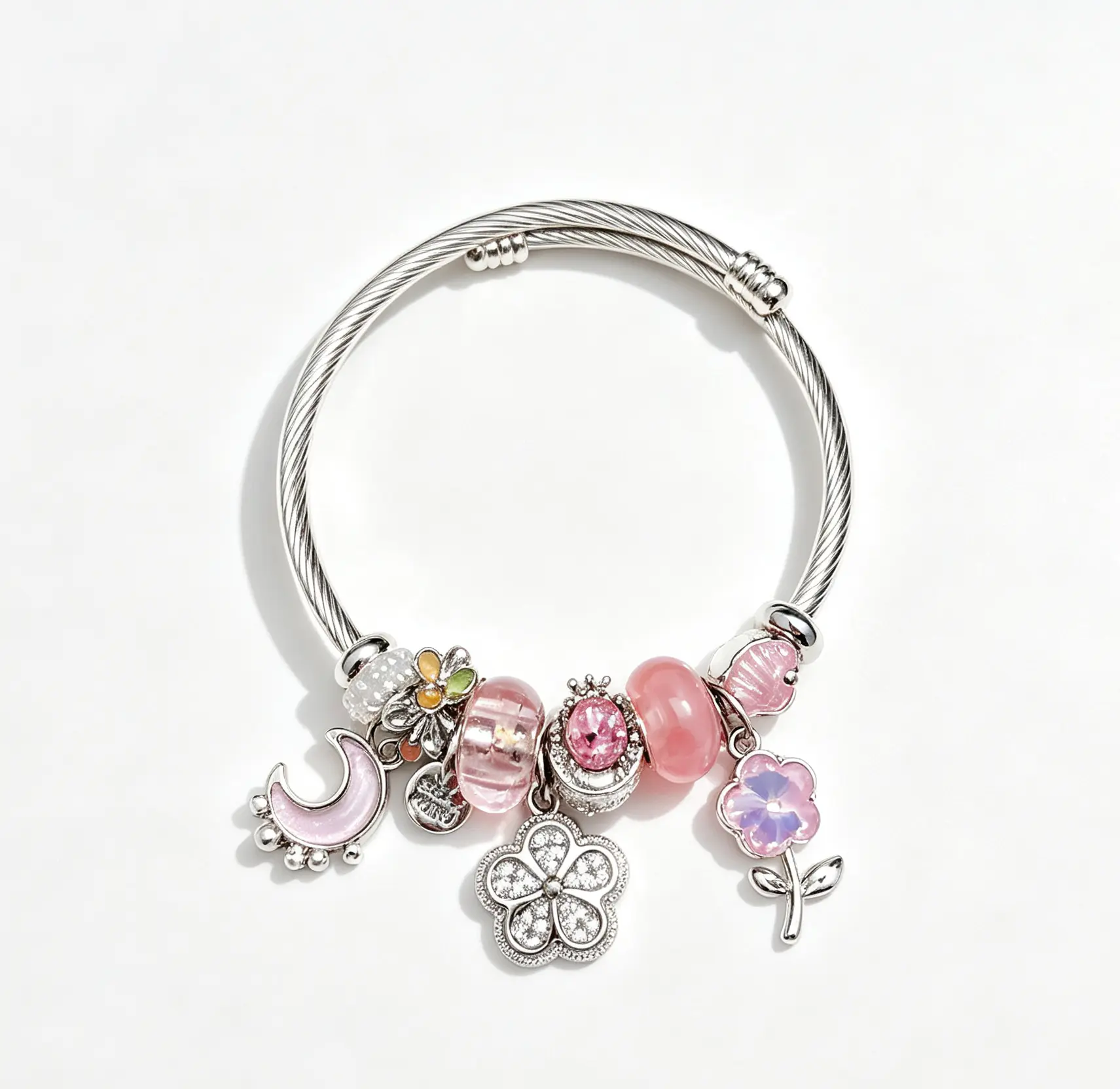Pink Charm Bangle Bracelet for Women, Adjustable Silver Twisted Cable Wire Cuff with Moon, Clover, Flower Enamel Rhinestone Charms, Transparent Pink Murano Glass Beads Stackable Jewelry Gift for Teen Girls