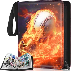 Kitoyz Trading Card Binder Album, PU Leather Baseball Card Binder, 900 Side Loading Pockets, Double Sided Pocket Zipper, Burning