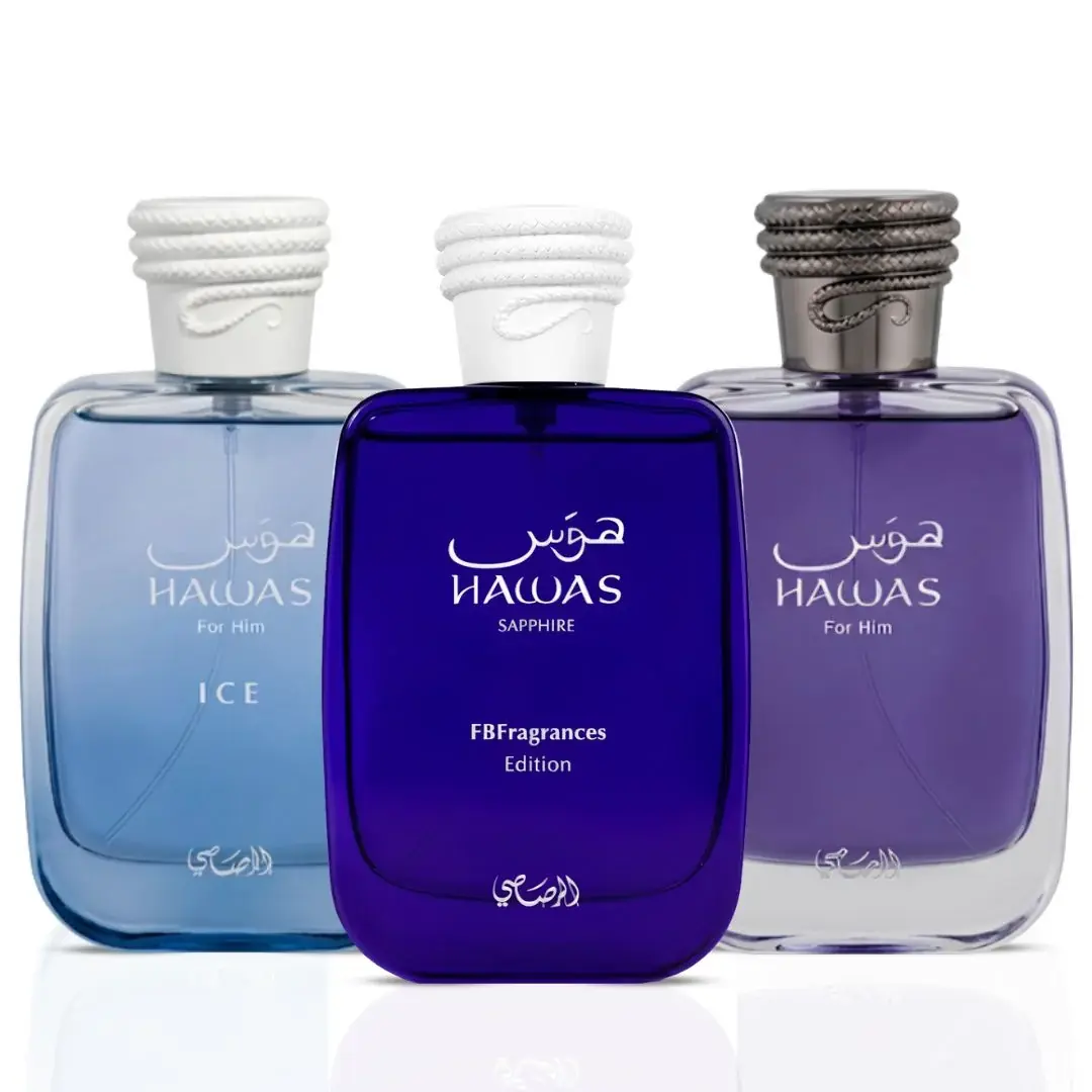 Rasasi Hawas Sapphire, Hawas Men & Hawas Ice Eau de Parfum Sprays 100ml (3.4 oz) by Rasasi (Bundle) Rasasi Hawas Sapphire, Hawas Men & Hawas Ice Eau de Parfum Sprays 100ml (3.4 oz) by Rasasi (Bundle)