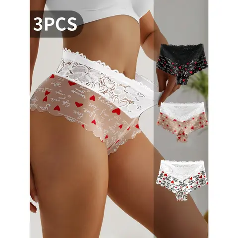 QUASTI 3/5/6 Pack Women's Cartoon Printed Mid-rose Lace Underwear Set, Soft Comfortable & Skin-Friendly Briefs, Sweet Basic Brief, All-Season Wear, S-XXL summerwins