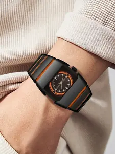 Luxury Men's Black Watch, Rectangle Analog Dial, Stainless Steel Strap, Fashion Business Quartz Wristwatch for Gift