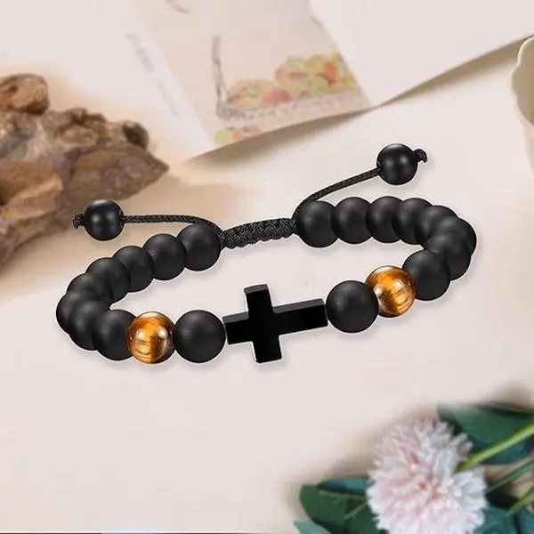 Boys' Cross Bracelet with Tiger Eye & Black Agate Stone Beads, Adjustable Braided Cord, Casual Baptism Gift, 5.5"-10", Adjustable Size, 5.5" To 10", Christian, Auspicious, Courage, Male, Peace