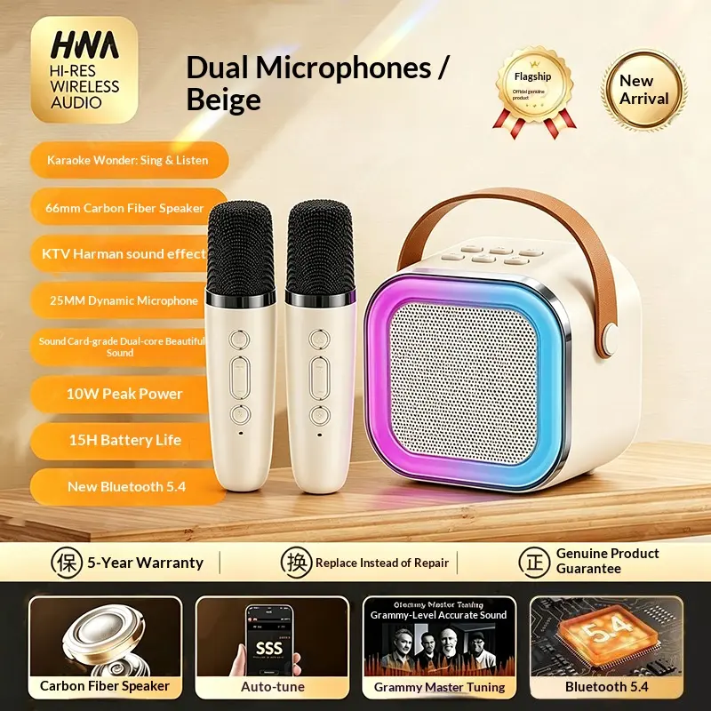 K-MYZS Portable Karaoke System, Mini Wireless Bluetooth BT Speaker with 2 Microphones, LED Nightlight for Party Use (Pink)