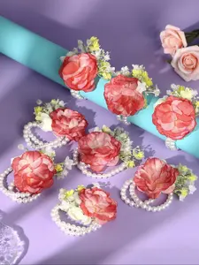 8 Piece Set Bride Bridesmaid Wedding Wrist Flower Bracelets with Faux Pearls, Elastic Bands for Party Fashion Accessories