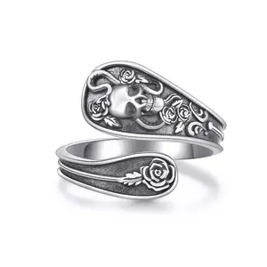 S925 Women's Sterling Silver Skull Spoon Ring Open Applicable Size 6-9 Can be given as a gift or worn by yourself Sterling Silver Vintage Sunflower