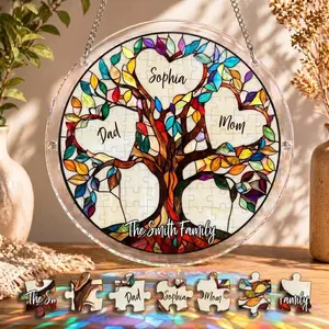 Personalized Family Tree of Life Suncatcher Puzzle DIY Kit, Birth Flower Mother's Day Gift 2026, Unbreakable Bond Window Hanging Decor Art