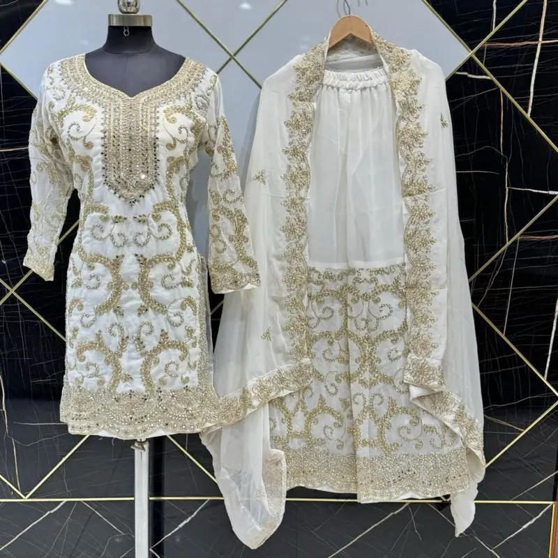 White Designer Pakistani Heavy Embroidered Georgette Salwar Kameez - size 40, Formal Wear Clothe, Comfortable Fully Ready-to-Wear Top, Palazzo & Dupatta Party Outfit