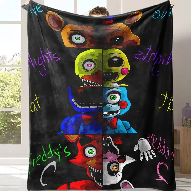 Five Nights at Freddy's Character Patchwork Flannel Throw Blanket, Distinctive Game Print Lightweight All‑Season Warm Nap Blanket for Office & Travel, Ideal Gift for Friends & FNAF Game Fans