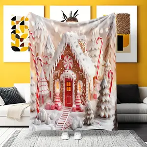 A Multi-Purpose Festive Gingerbread House Flannel Blanket – Ultra-soft for home, camping, office. Perfect for Christmas lovers who adore whimsical candy-themed designs and cozy luxury, ideal for adding a sweet festive vibe.