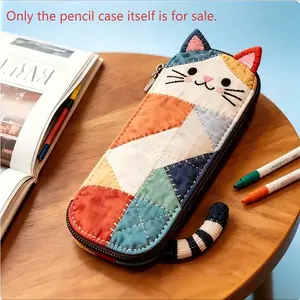 Writing Stationery, Cute Cat Pencil Case, Handmade Patchwork Quilted Fabric Pen Storage Bag with Striped Tail, Large Capacity Zipper Stationery Pouch, Japanese Style Cartoon Pencil Bag, Suitable for Kids, Adults and Students