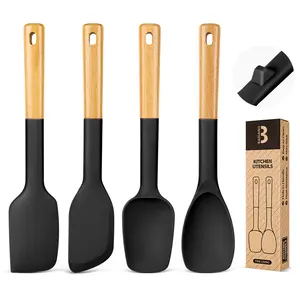 Silicone Spatula Spoon Set, Great for Mixing, Folding, Scraping, and Spreading, Sturdy BPA-Free Matte Silicone, Wooden Handle Rubber Spoonula for Nonstick Cookwares,4 Pack