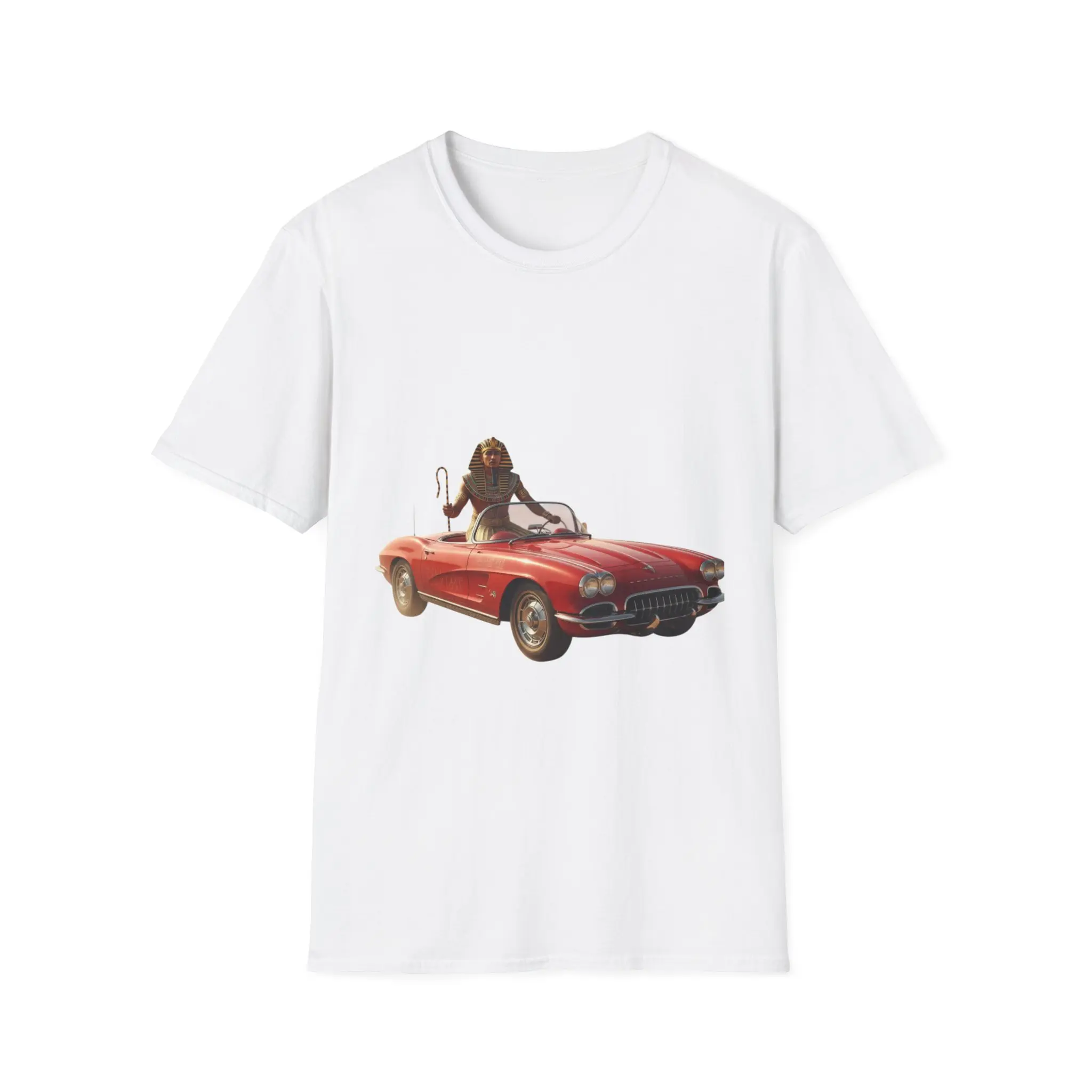 Egyptian King Riding in a Corvette T-Shirt - Pharaoh Graphic Tee, Ancient Egypt Unisex Shirt, Historical Clothing, Vintage Style Top, Unique