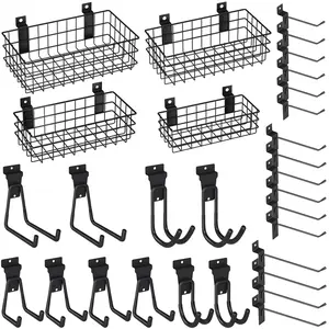 INCLY 30PACK Slatwall Accessories Set, Includes 4 Pack Ventilated Metal Wire Slatwall Baskets and 26PACK Multisized Heavy Duty Slatwall Hooks for Garage Rooms Shops Storage Organizing Display