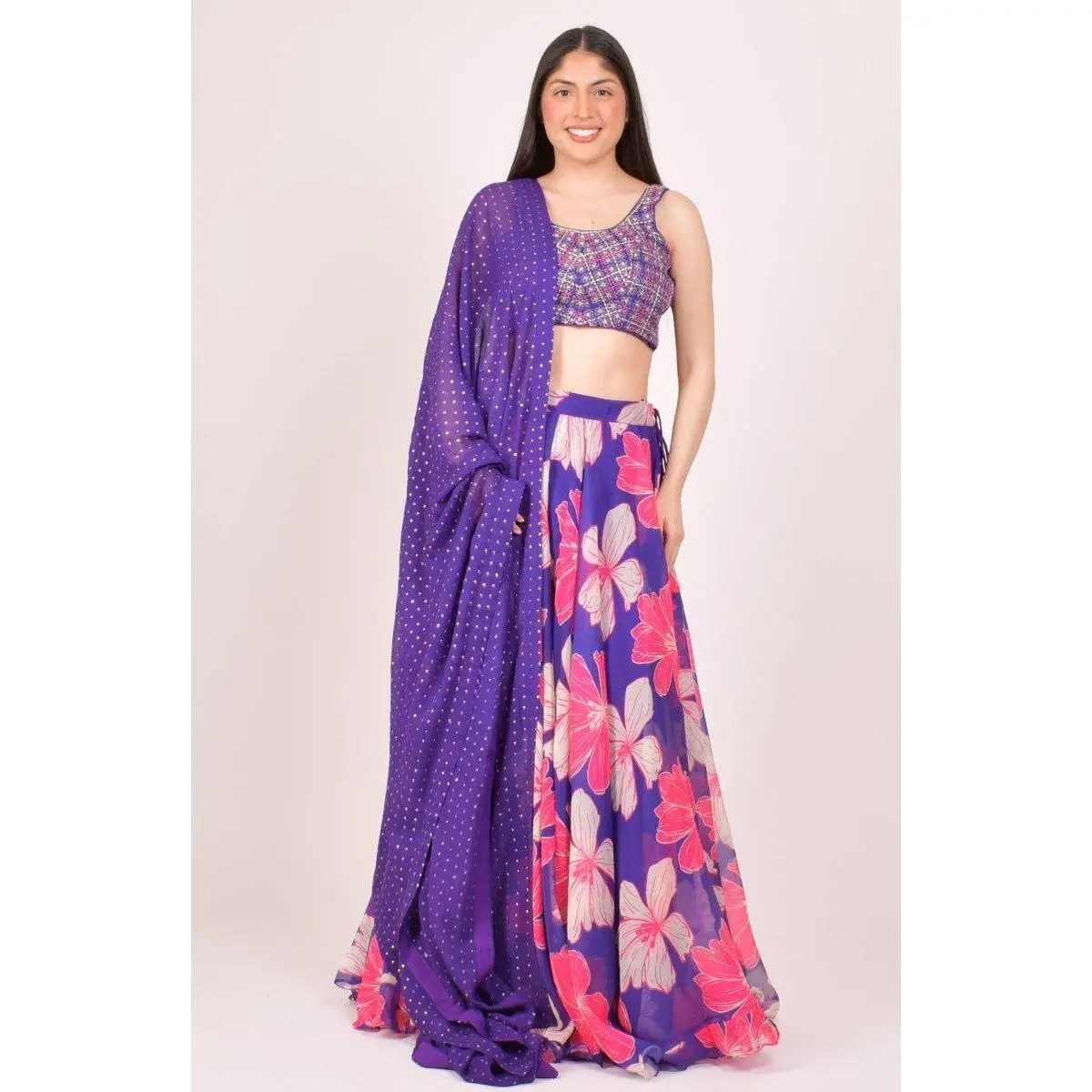 Purple Floral Print Lehenga Choli With Embroidered Blouse & Dupatta